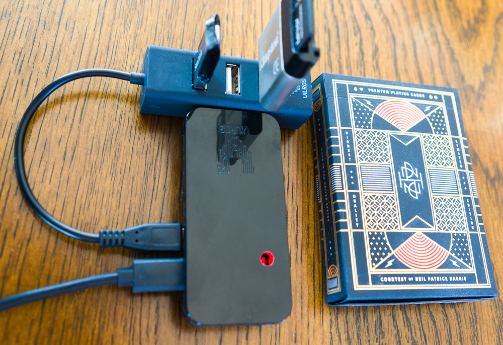 backupX - the Raspberry Pi based solution for backing up travel photography on the go -  it's about the size of a pack of cards.