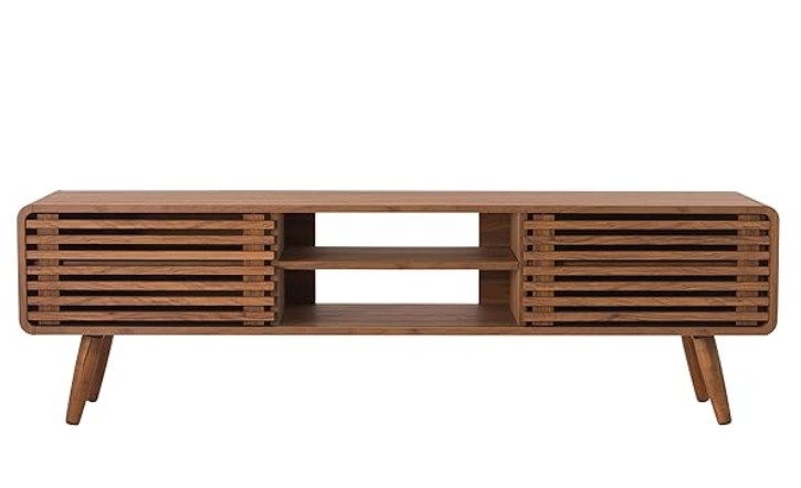 58" TV Stand, Slatted, Sliding Doors for Left and Right Side, Mid-Century Modern, Walnut